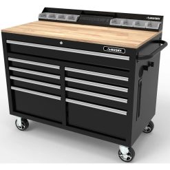 Alternative view of 46 in. W x 24.5 in. D 9-Drawer Gloss Black Deep Tool Chest Mobile Workbench with Hardwood Top and Power Station
